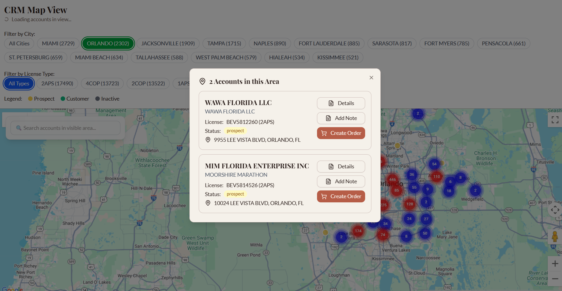 CRM territory map view with customer accounts
